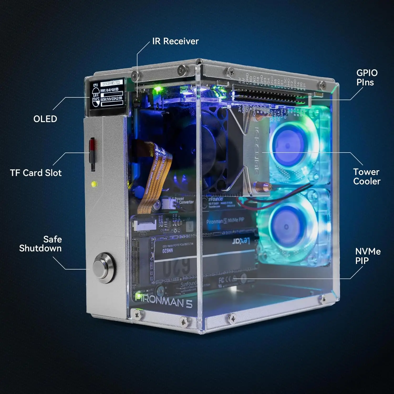 Pironman 5 NVMe M.2 SSD PCIe Mini PC Case for Raspberry Pi 5 with Tower Coole Pironman 5 NVMe M.2 SSD PCIe Mini PC Case for Raspberry Pi 5 with Tower Coole