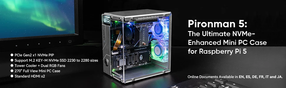 Pironman 5 NVMe M.2 SSD PCIe Mini PC Case for Raspberry Pi 5 with Tower Coole
