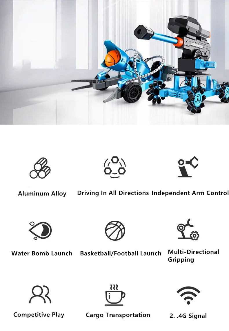 Remote Control Alloy Car Mecha Manipulator Launch Water Bomb Track All-round 2.4G Walking Multi-function Robotic Arm RC Car Toys