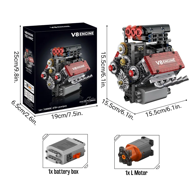 Simulation 478pcs V8 Engine Motorized Building Blocks