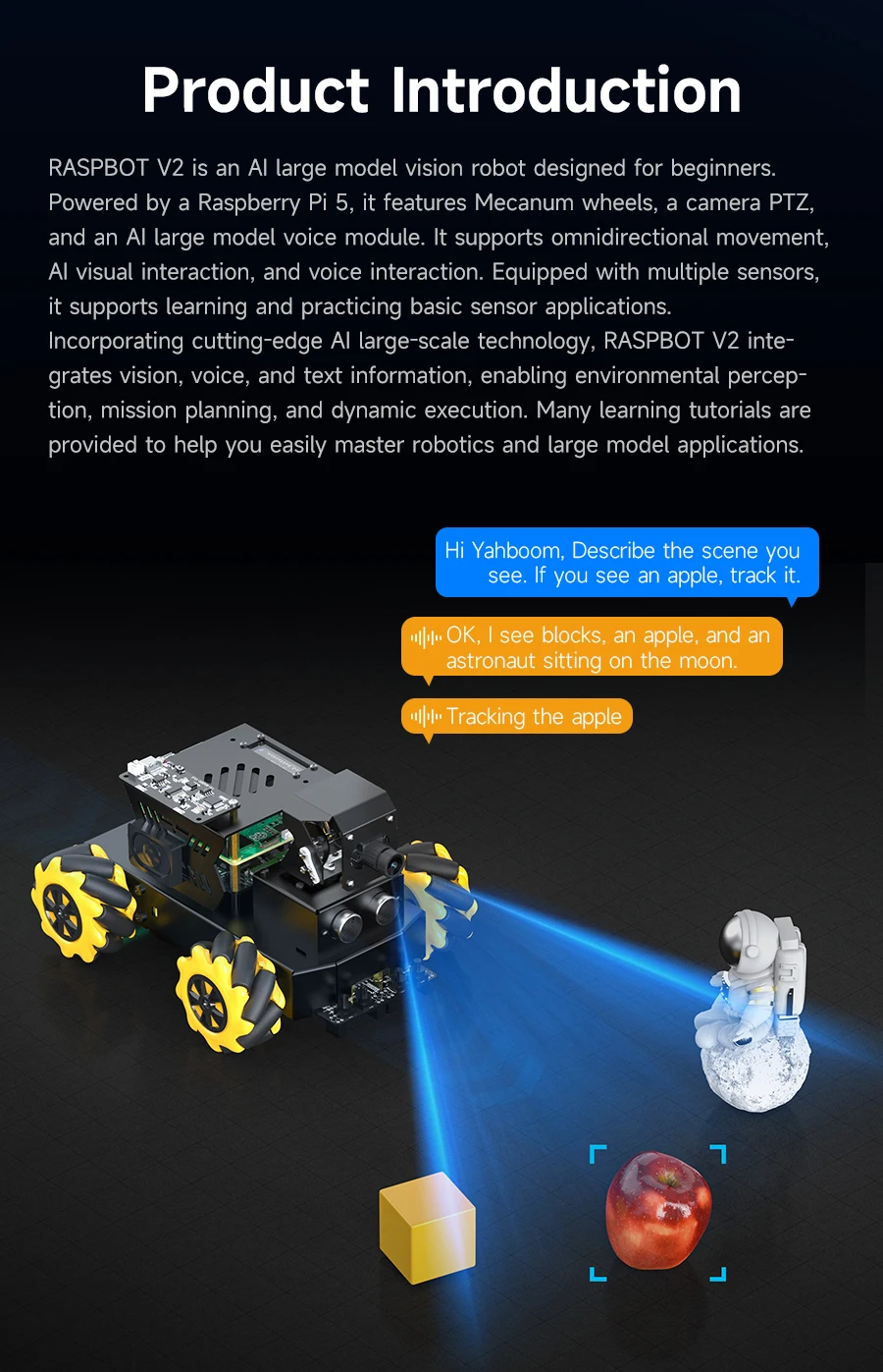 Yahboom 4WD Raspbot V2 AI Large Model Robot Kit for Raspberry Pi 5 Beginners Educational Project ROS2-Humble Python Programming