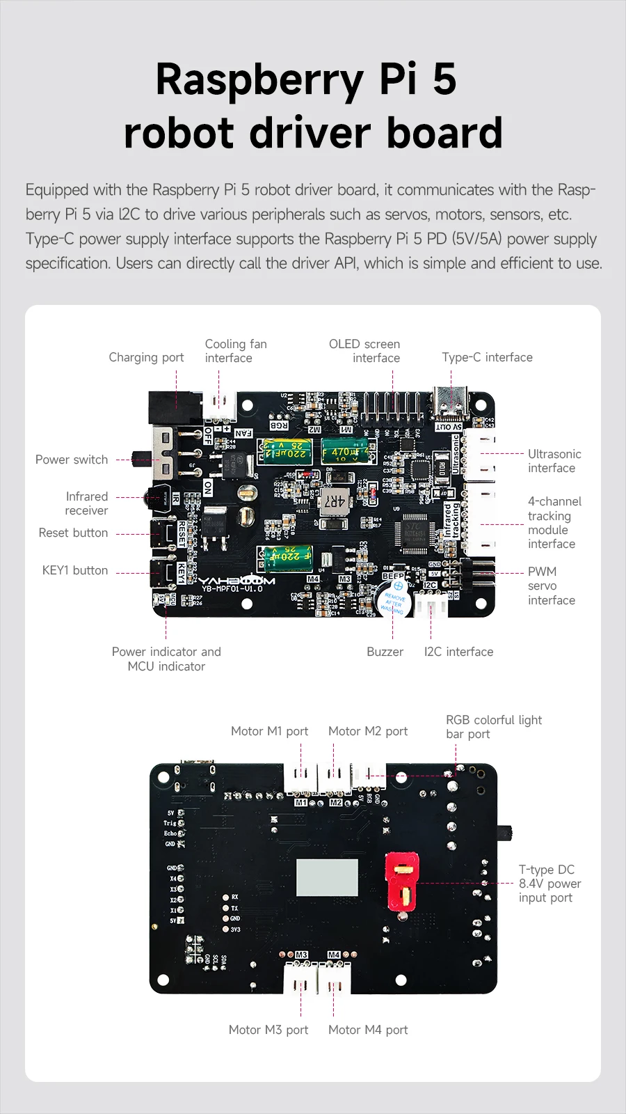 Yahboom 4WD Raspbot V2 AI Large Model Robot Kit for Raspberry Pi 5 Beginners Educational Project ROS2-Humble Python Programming