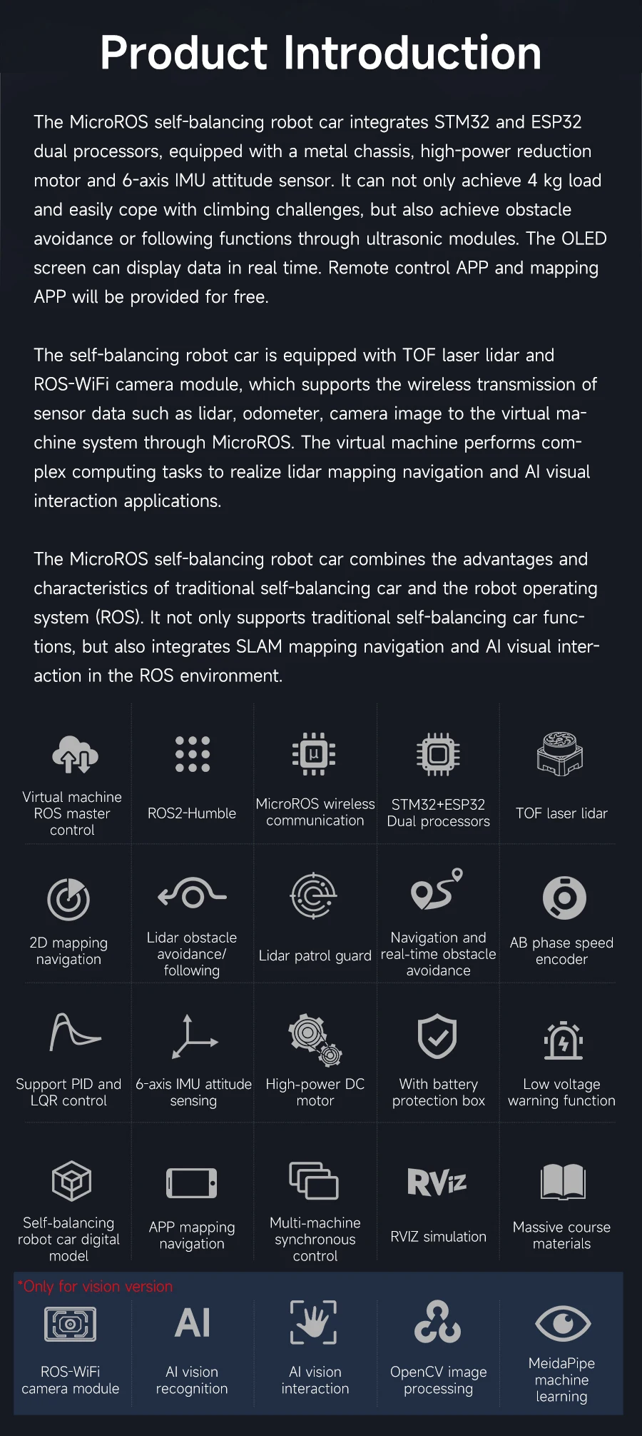 Yahboom MicroROS Self-Balancing Robot Car Kit With MPU6050 Lidar Ultrasonic Module ROS-HUMBLE Virtual Machine as Master Control