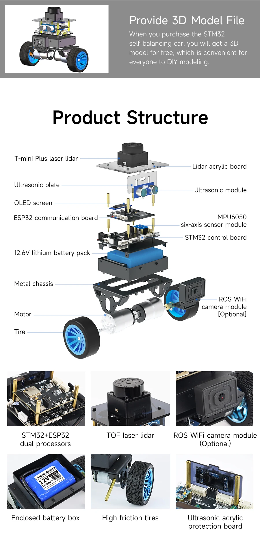 Yahboom MicroROS Self-Balancing Robot Car Kit With MPU6050 Lidar Ultrasonic Module ROS-HUMBLE Virtual Machine as Master Control
