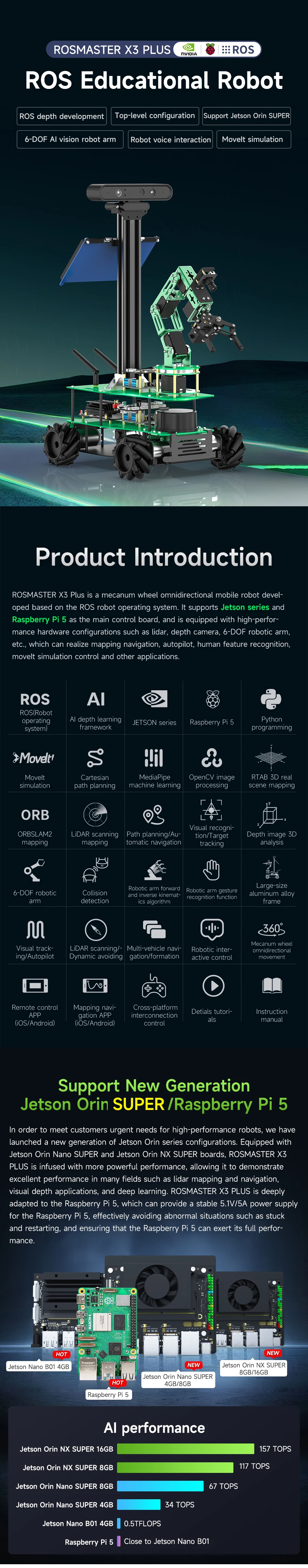 ROSMASTER X3 PLUS ROS Robot Python Kit with 6-DOF Moveit Robotic Arm for Jetson NANO/Orin NANO SUPER/Orin NX SUPER/RaspberryPi 5 ROSMASTER X3 PLUS ROS Robot Python Kit with 6-DOF Moveit Robotic Arm for Jetson NANO/Orin NANO SUPER/Orin NX SUPER/RaspberryPi 5
