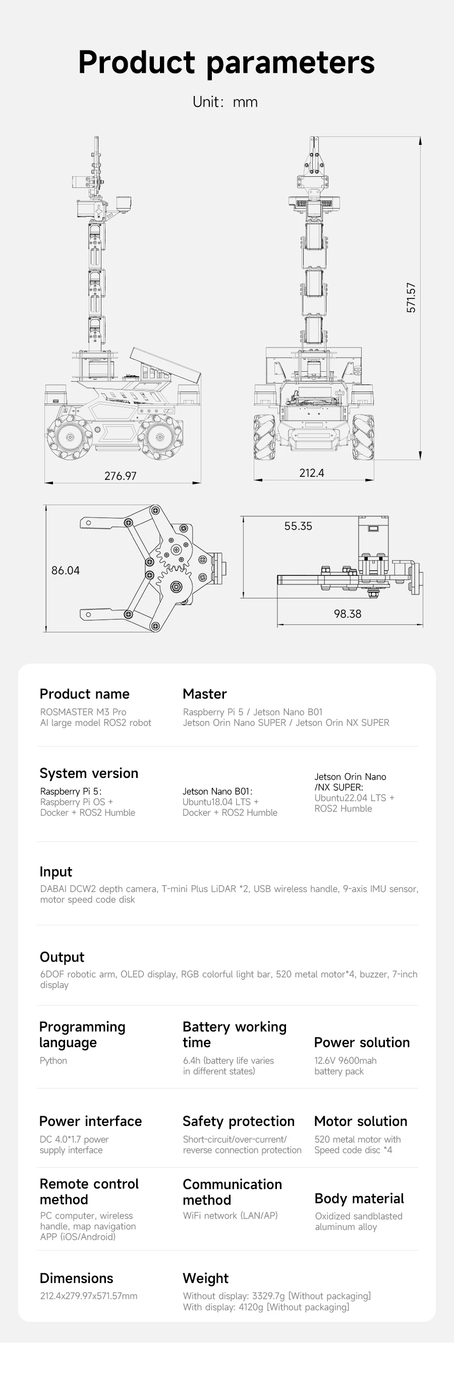 Yahboom ROSMASTER M3 PRO AI ROS2 Robot Electronic Kit Smart Car Programming 3D Depth Vision Dual LiDAR SLAM Mapping Navigation