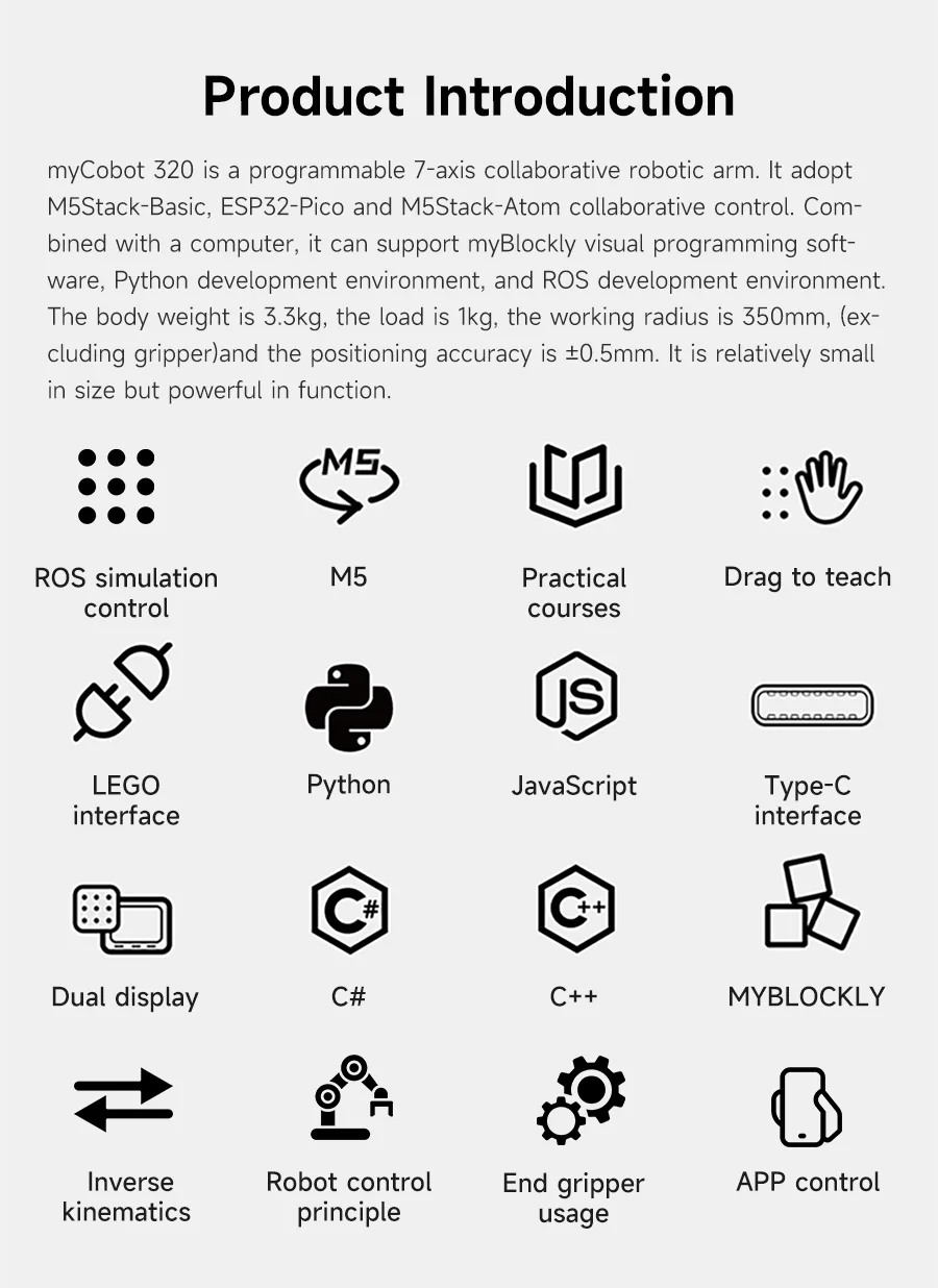 MyCobot 320 M5 Collaborative Robotic Arm Support 1KG Payload Collaborative Desktop Commercial Robotic with Pro Adaptive Gripper MyCobot 320 M5 Collaborative Robotic Arm Support 1KG Payload Collaborative Desktop Commercial Robotic with Pro Adaptive Gripper