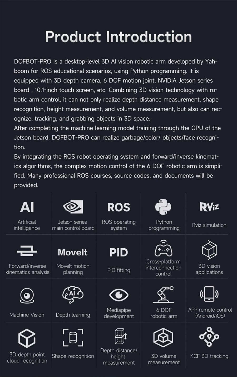 Yahboom DOFBOT PRO Robotic Arm ROS Open Source Support 3D Depth Point Cloud Recognition Gripping For Jetson Orin SUPER Control