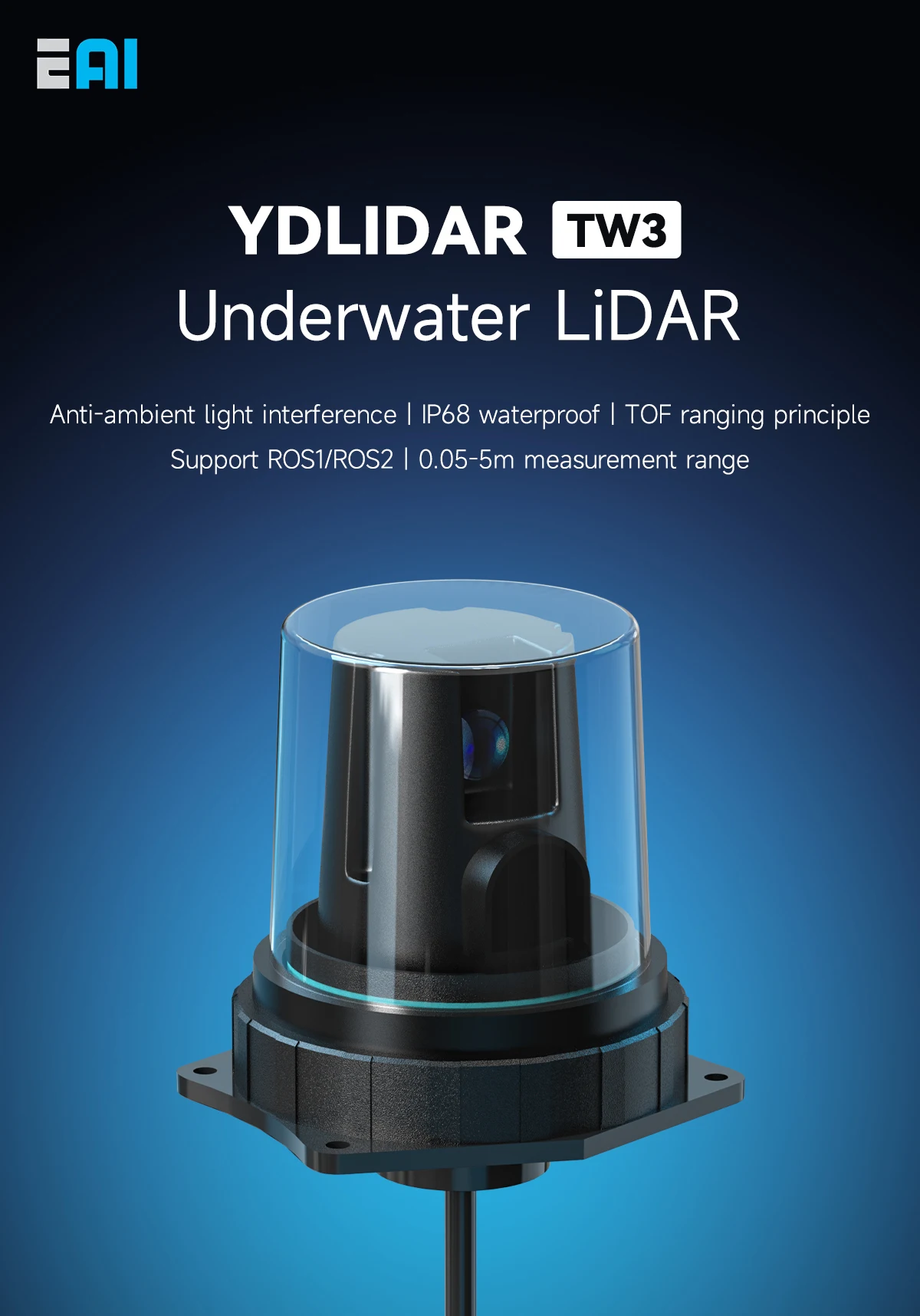 YDLIDAR TW3 Underwater Lidar 5m Ranging Range TOF SensorModule IP68 Deeply Waterproof Support ROS1/ROS2 Robot Mapping Navigation