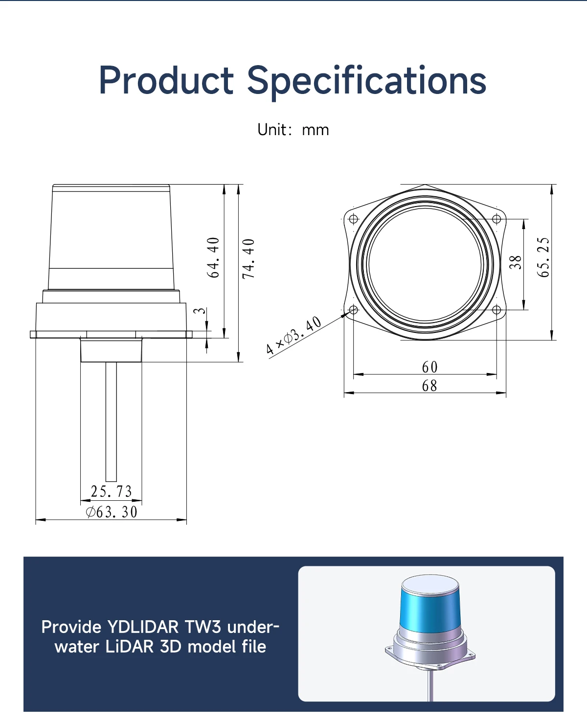 YDLIDAR TW3 Underwater Lidar 5m Ranging Range TOF SensorModule IP68 Deeply Waterproof Support ROS1/ROS2 Robot Mapping Navigation