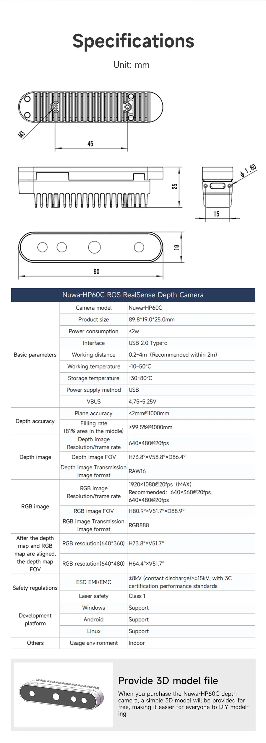 Nuwa-HP60C Camera 3D Depth Sensor Module Adopt Structured Light Imaging Technology 73.8&deg;FOV Measuring Range 0.2-4M For ROS Robot