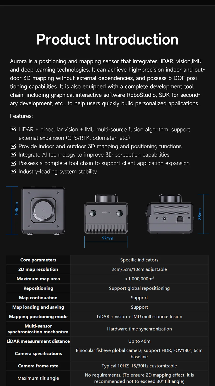 Slamtec Aurora Lidar Kit Binocular Vision Camera 40 Mscanning Distance 3D All-round Positioning Mapping Sensor AI Deep Learning