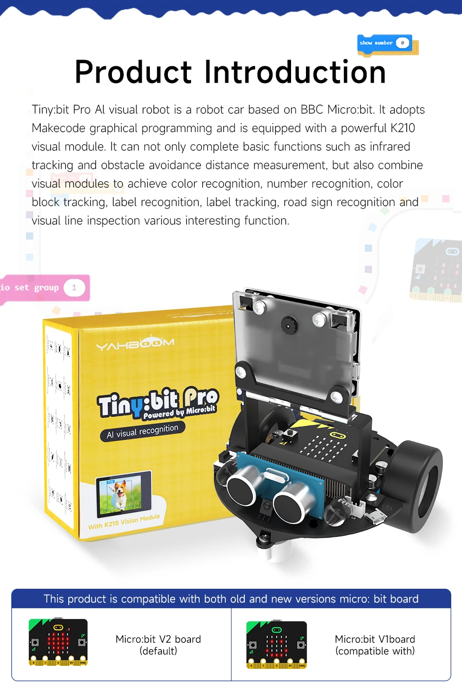 Yahboom Microbit Smart Robot Car AI Visual Recognition Line Tracking Ultrasonic Sensor IR Remote Control Kit