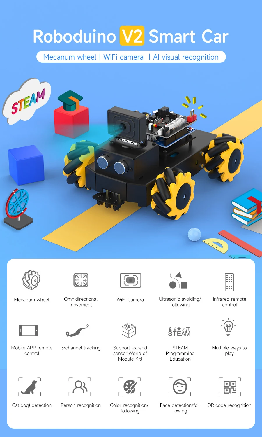 Yahboom 4WD Roboduino V2 AI Robot Car Kit Mecanum Wheel With ESP32 WiFi Camera for Arduino UNO STEM Educational Set DIY Project