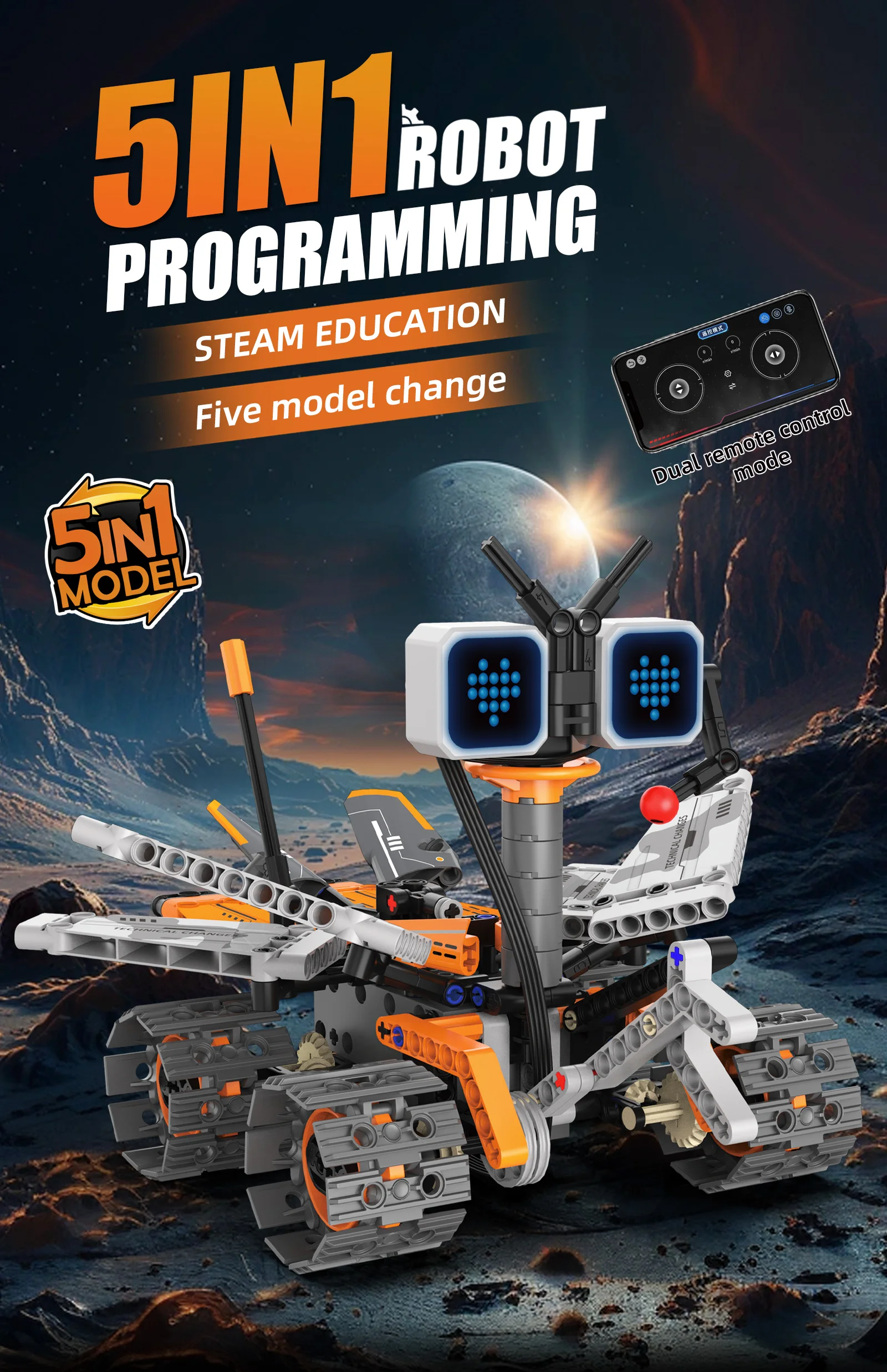 MOC 5-IN-1 Intelligent Crawler Robot Building Blocks APP Programming Remote Control Stunt Car LED Eyes STEM Education Toy Gift