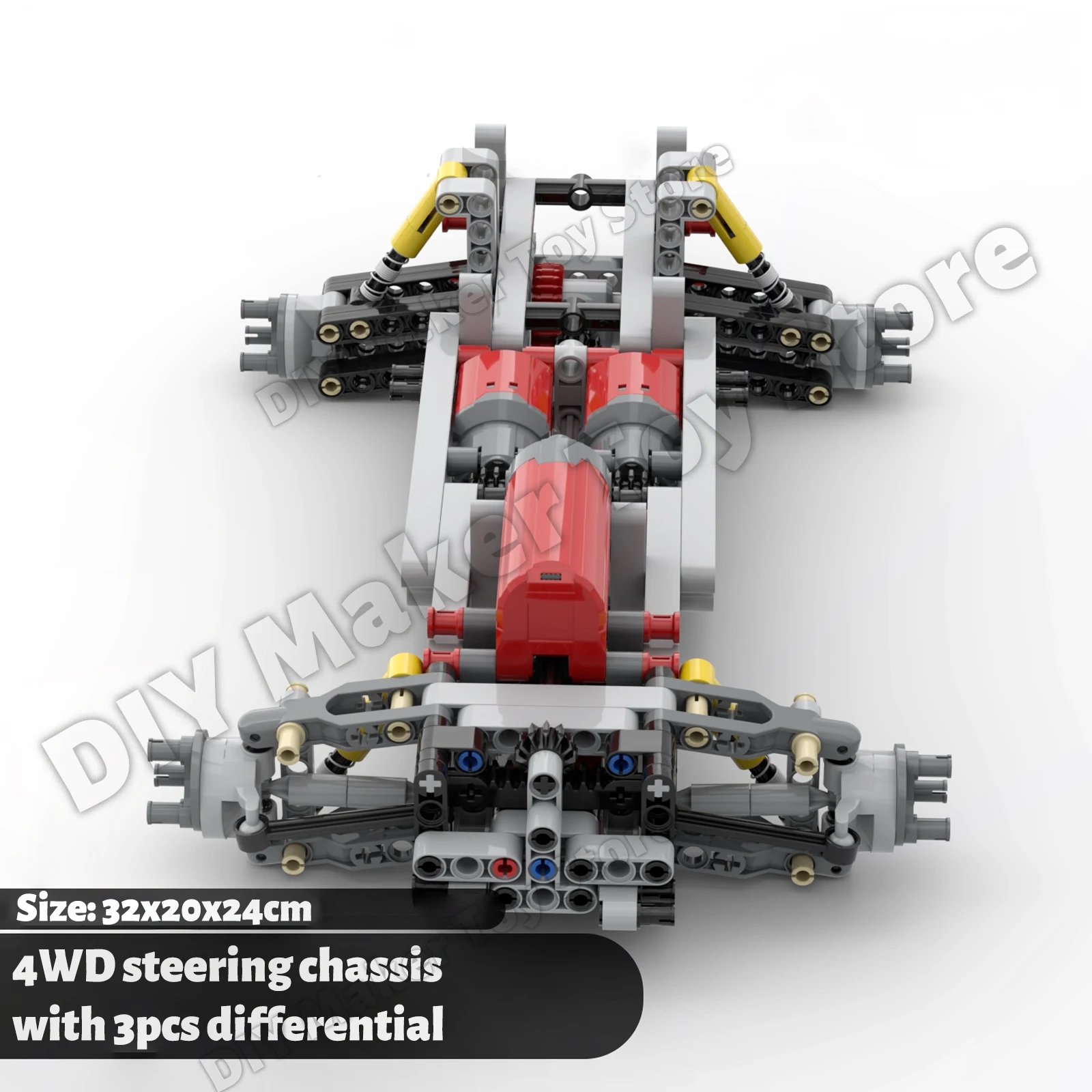 MOC 4WD Four-wheel Drive Steering Chassis with Differential Shock Absorber L Motor Building Block Tech Car Modification Toy Gift