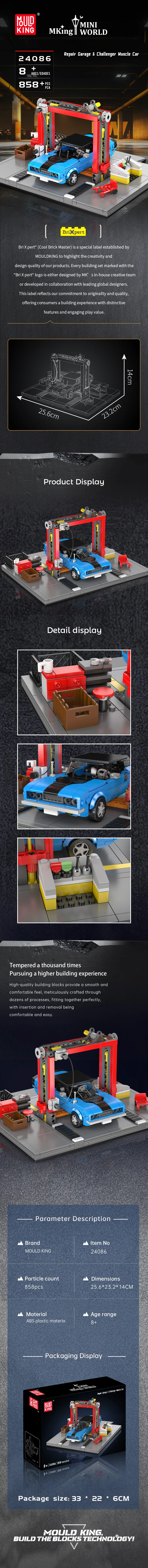 Mould King 24086 Repair Garage & Challenger Muscle Car Building Blocks Mini World Series Model Room Ornaments Boys Toys Gifts