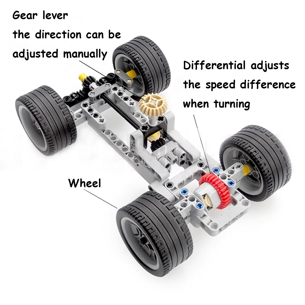MOC Modifiable Car Vehicle Chassis with Wheel Gear Manual Steering Differentials Can Add Building Blocks Motor Remote Control