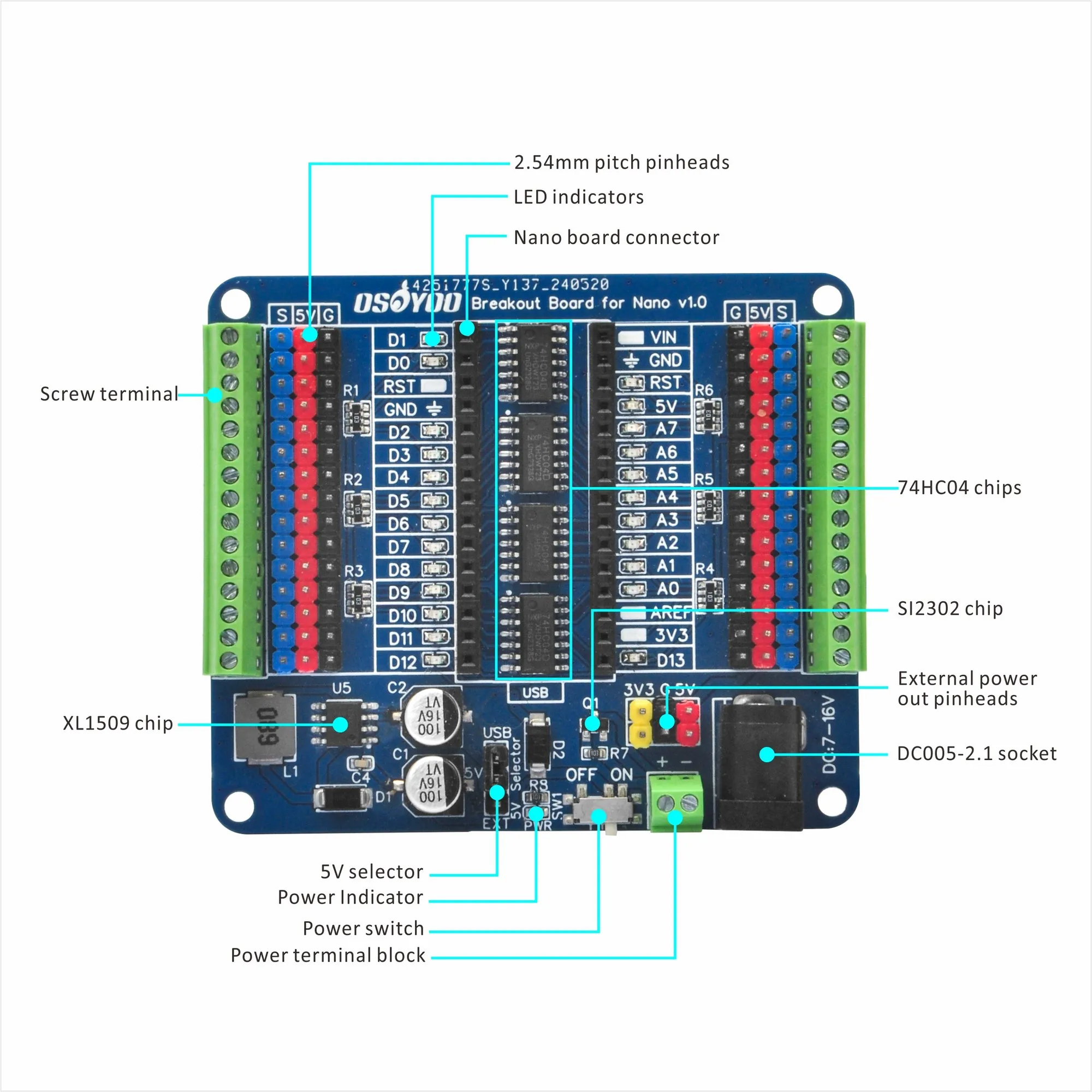 OSOYOO Nano IO Shield Breakout Board with GPIO Status LED OSOYOO Nano IO Shield Breakout Board with GPIO Status LED