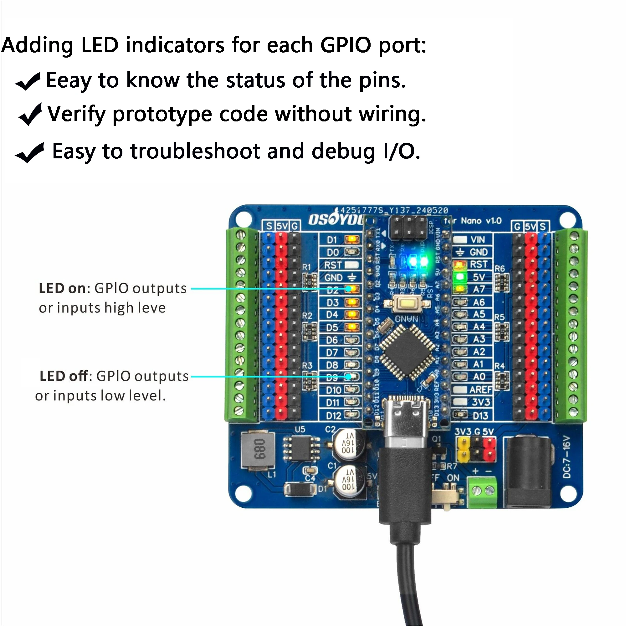 OSOYOO Nano IO Shield Breakout Board with GPIO Status LED OSOYOO Nano IO Shield Breakout Board with GPIO Status LED