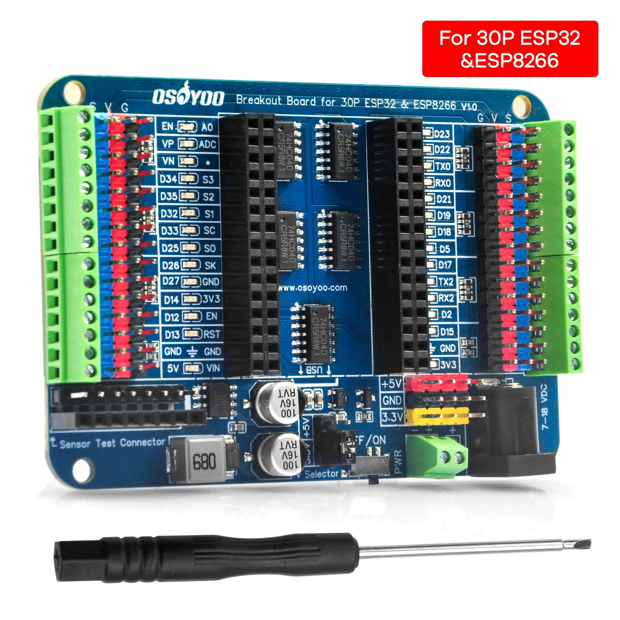 OSOYOO Breakout Board for 30-Pin or 38-Pin ESP32 Expansion Board with Dual Headers – GPIO LED Indicators OSOYOO Breakout Board for 30-Pin or 38-Pin ESP32 Expansion Board with Dual Headers – GPIO LED Indicators