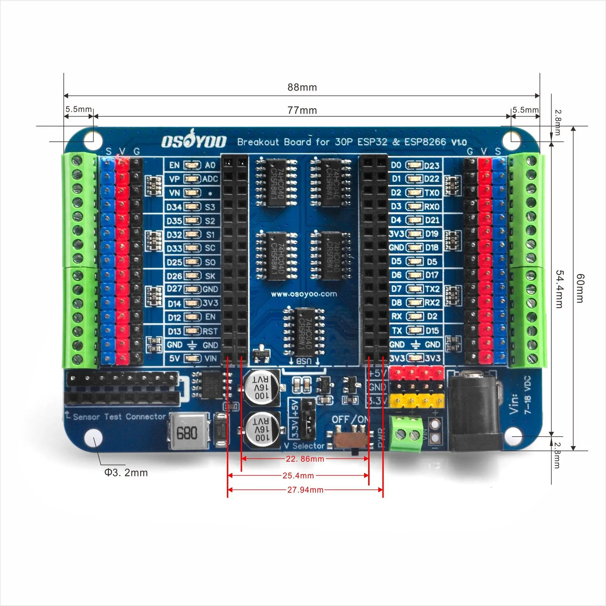 OSOYOO Breakout Board for 30-Pin or 38-Pin ESP32 Expansion Board with Dual Headers – GPIO LED Indicators OSOYOO Breakout Board for 30-Pin or 38-Pin ESP32 Expansion Board with Dual Headers – GPIO LED Indicators