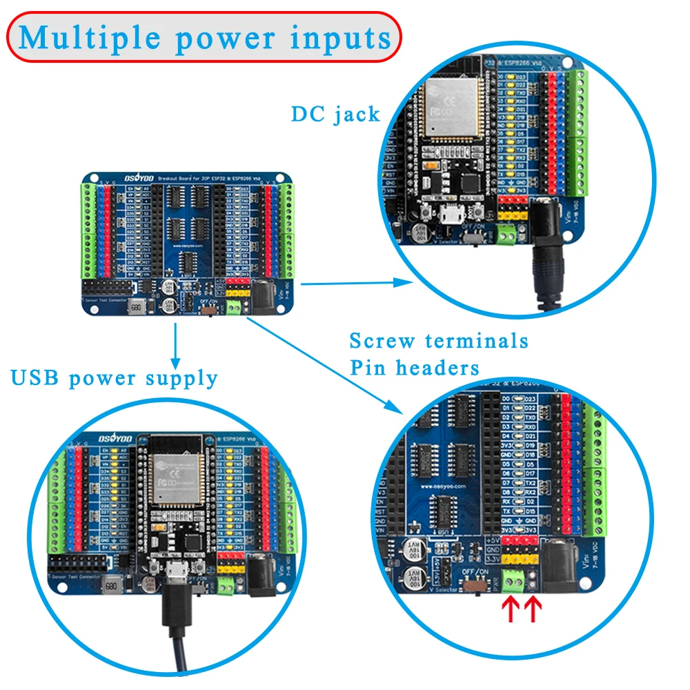 OSOYOO Breakout Board for 30-Pin or 38-Pin ESP32 Expansion Board with Dual Headers &ndash; GPIO LED Indicators