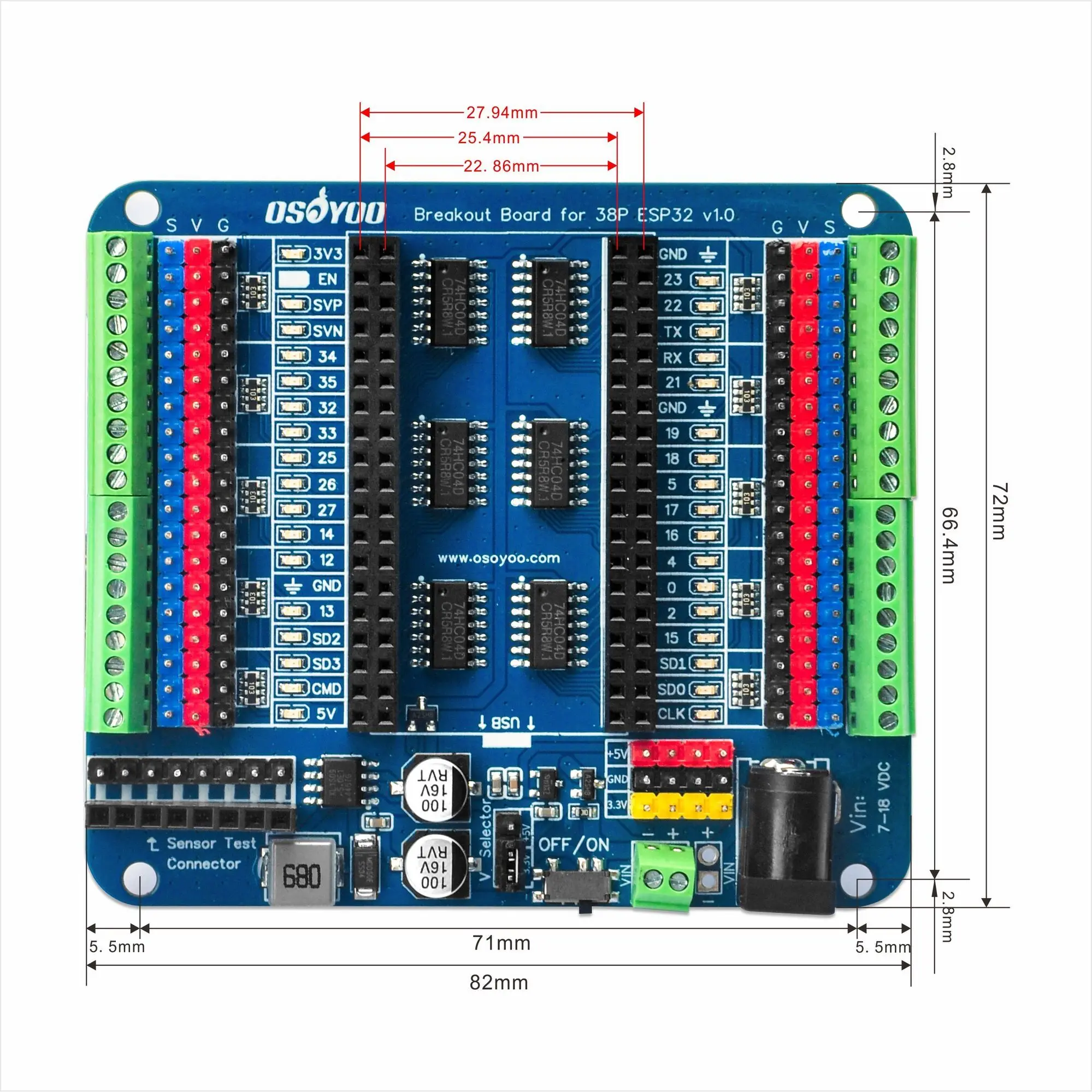 OSOYOO Breakout Board for 30-Pin or 38-Pin ESP32 Expansion Board with Dual Headers – GPIO LED Indicators OSOYOO Breakout Board for 30-Pin or 38-Pin ESP32 Expansion Board with Dual Headers – GPIO LED Indicators