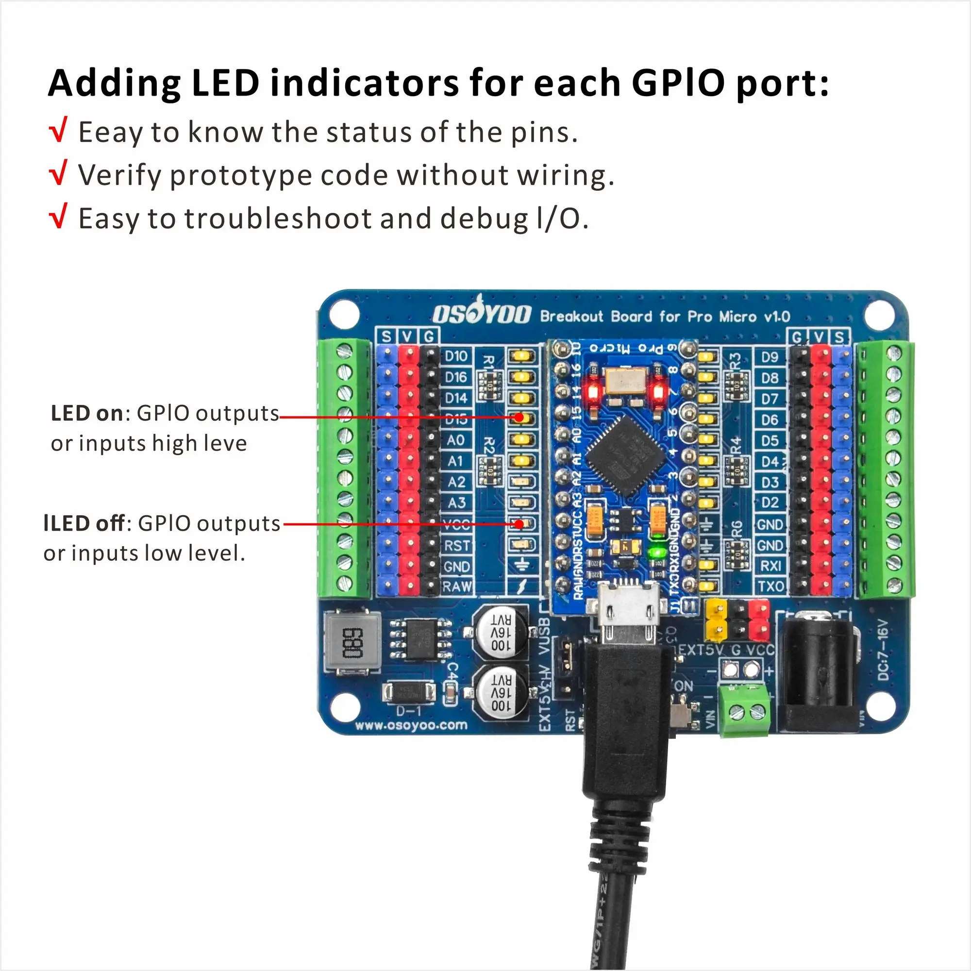 OSOYOO Pro Micro Shiled Breakout Board – GPIO Status LEDs, Power Protection, 3-Pin Sensor/Servo Ports, 5V/2A Independent Power S OSOYOO Pro Micro Shiled Breakout Board - GPIO Status LEDs, Power Protection, 3-Pin Sensor/Servo Ports, 5V/2A Independent Power S
