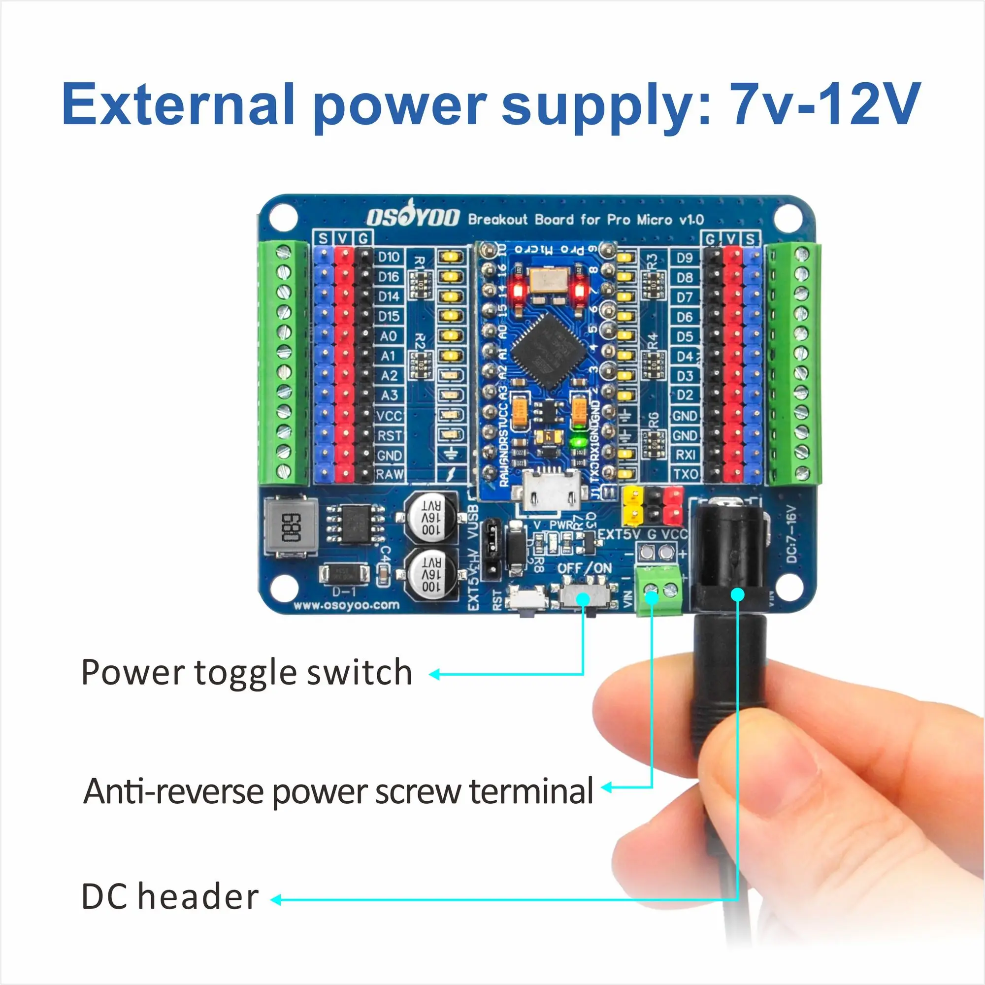 OSOYOO Pro Micro Shiled Breakout Board – GPIO Status LEDs, Power Protection, 3-Pin Sensor/Servo Ports, 5V/2A Independent Power S OSOYOO Pro Micro Shiled Breakout Board - GPIO Status LEDs, Power Protection, 3-Pin Sensor/Servo Ports, 5V/2A Independent Power S