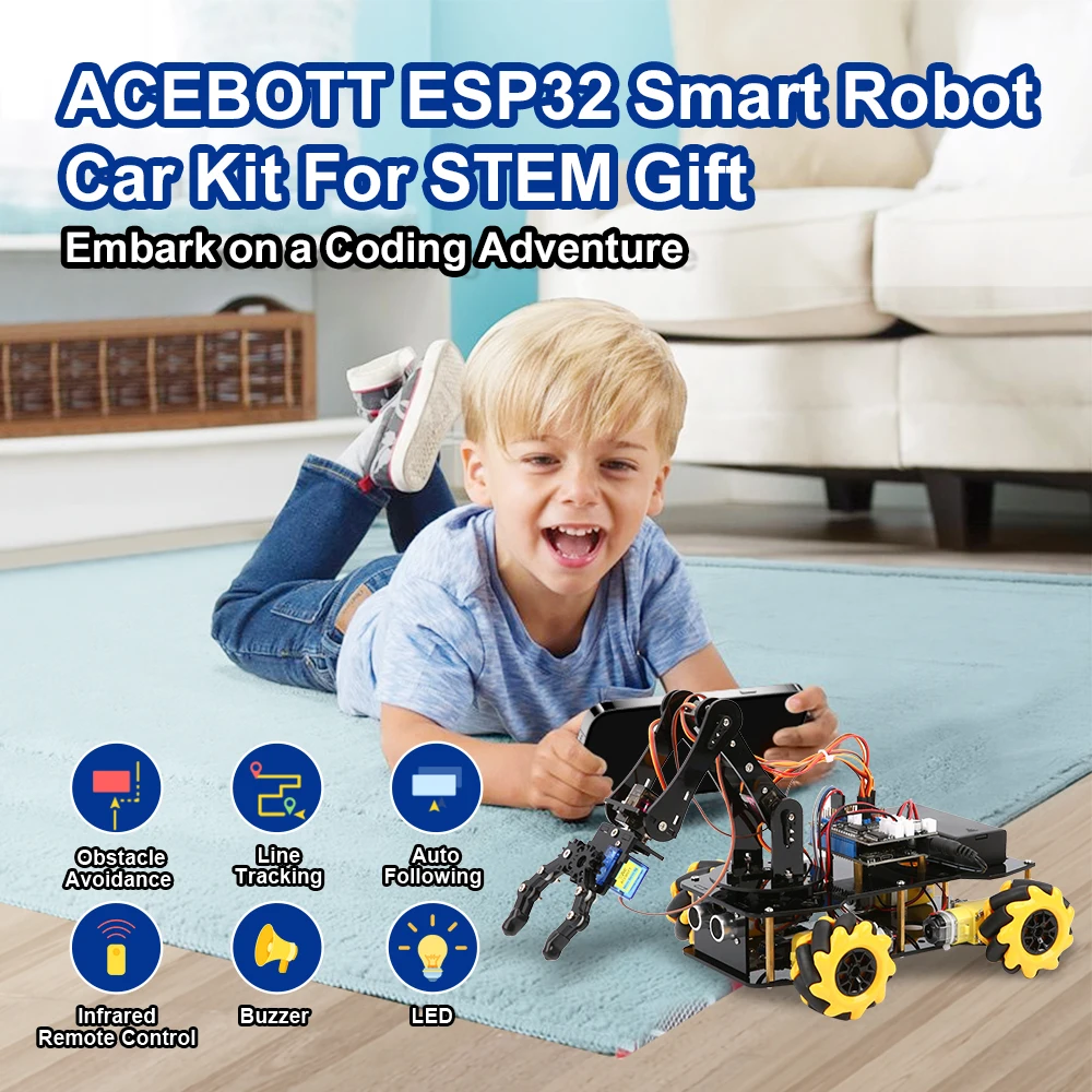 ACEBOTT 5 DOF Smart Robot Arm Car Kit and 4 DOF ESP32 Programmable Robotic for Arduino STEM Educational DIY Robot Arm Kit ACEBOTT 5 DOF Smart Robot Arm Car Kit and 4 DOF ESP32 Programmable Robotic for Arduino STEM Educational DIY Robot Arm Kit