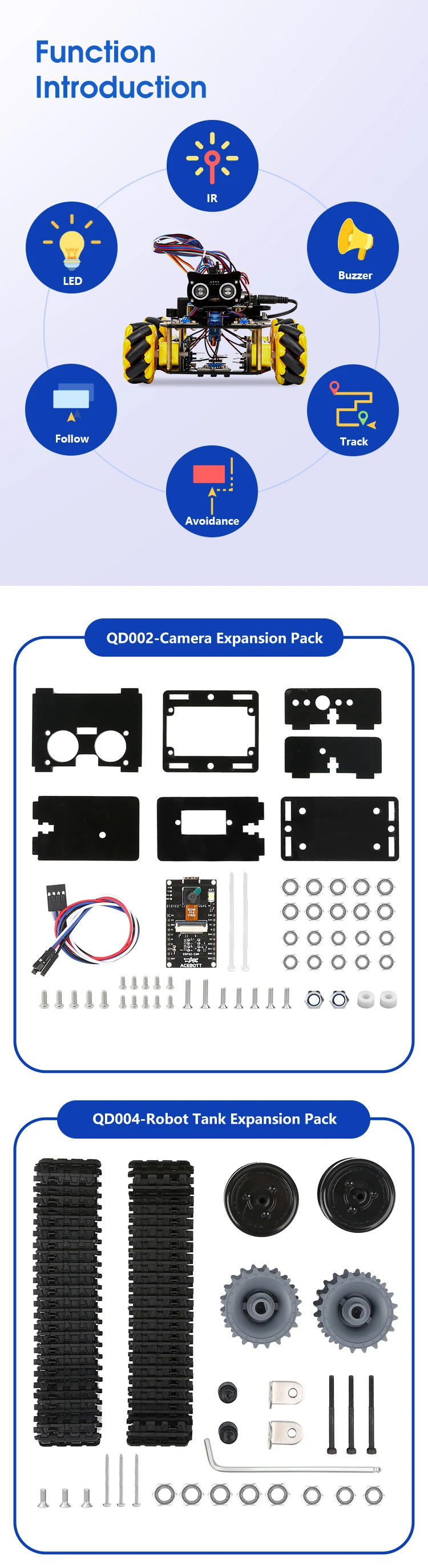 ACEBOTT ESP32 IoT WiFi Wheel Programmable Obstacle Avoidance Tracking Scratch Coding Starter Smart Robot Car kit for Arduino