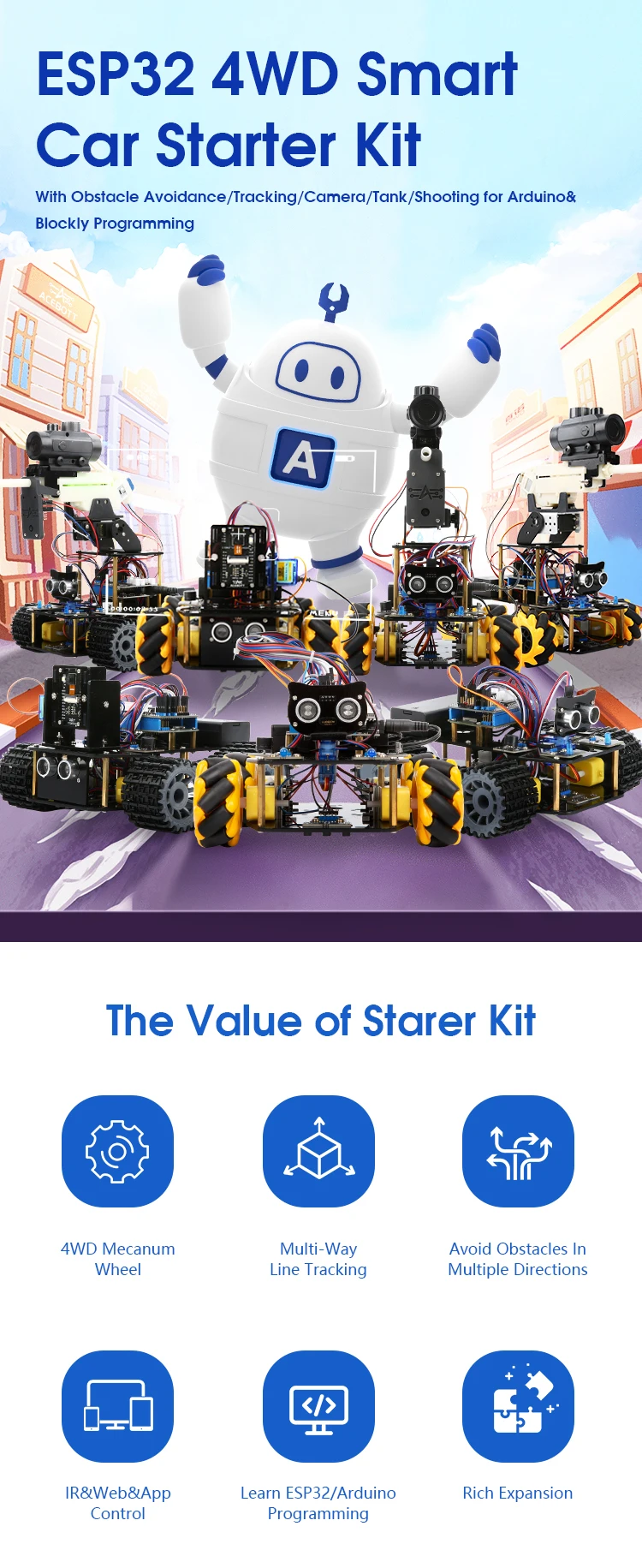 ACEBOTT ESP32 IoT WiFi Wheel Programmable Obstacle Avoidance Tracking Scratch Coding Starter Smart Robot Car kit for Arduino