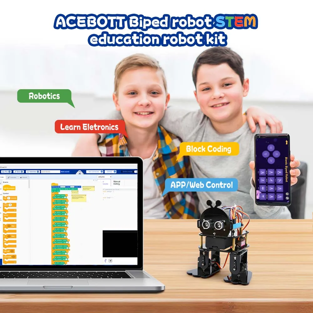 ACEBOTT Bionic Biped Robot Kit for Arduino ESP32 DIY Dancing Electronic Toy APP Control Scratch Blockly programming ACEBOTT Bionic Biped Robot Kit for Arduino ESP32 DIY Dancing Electronic Toy APP Control Scratch Blockly programming