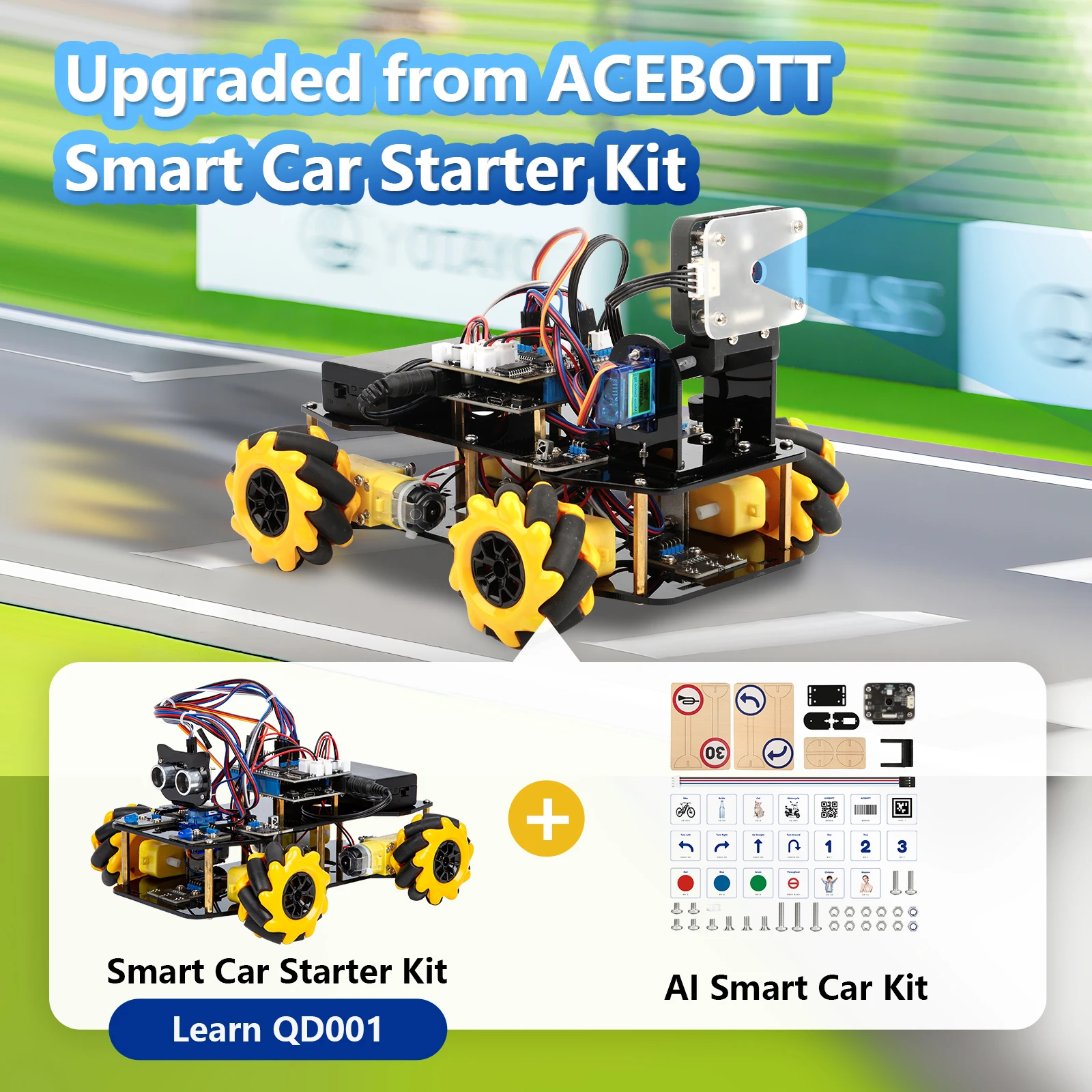 ACEBOTT AI Vision Camera Module Ultrasonic Sensor 4WD ESP32 Smart Robot Car Kit for Kids STEM Programming Education for Arduino