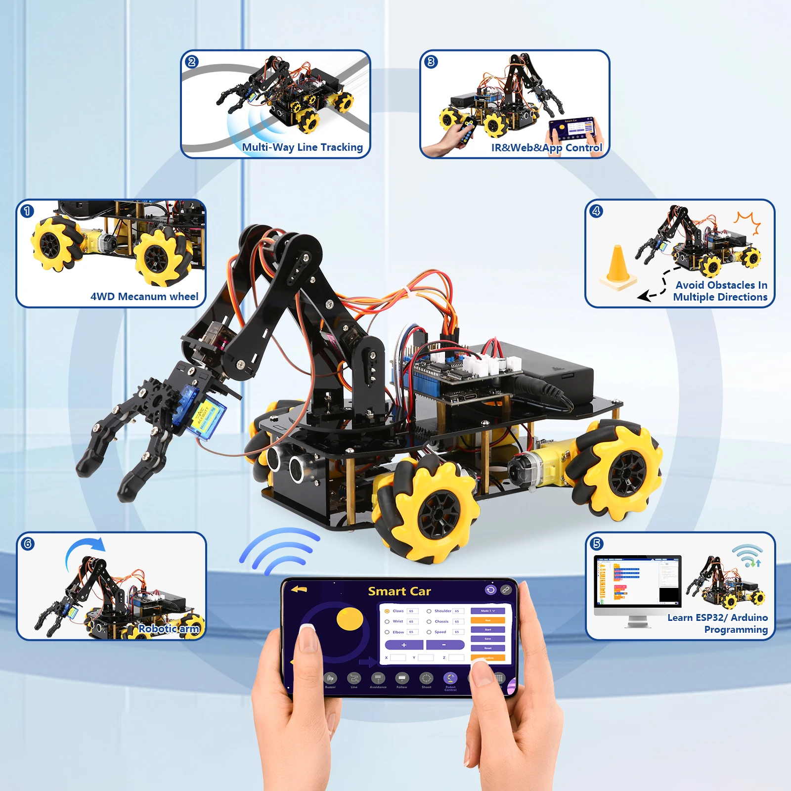 Smart Robot Arm Car Kit 4WD Remote Control Car for Arduino IDE Programming STEM Education Coding Kit Smart Robot Arm Car Kit 4WD Remote Control Car for Arduino IDE Programming STEM Education Coding Kit
