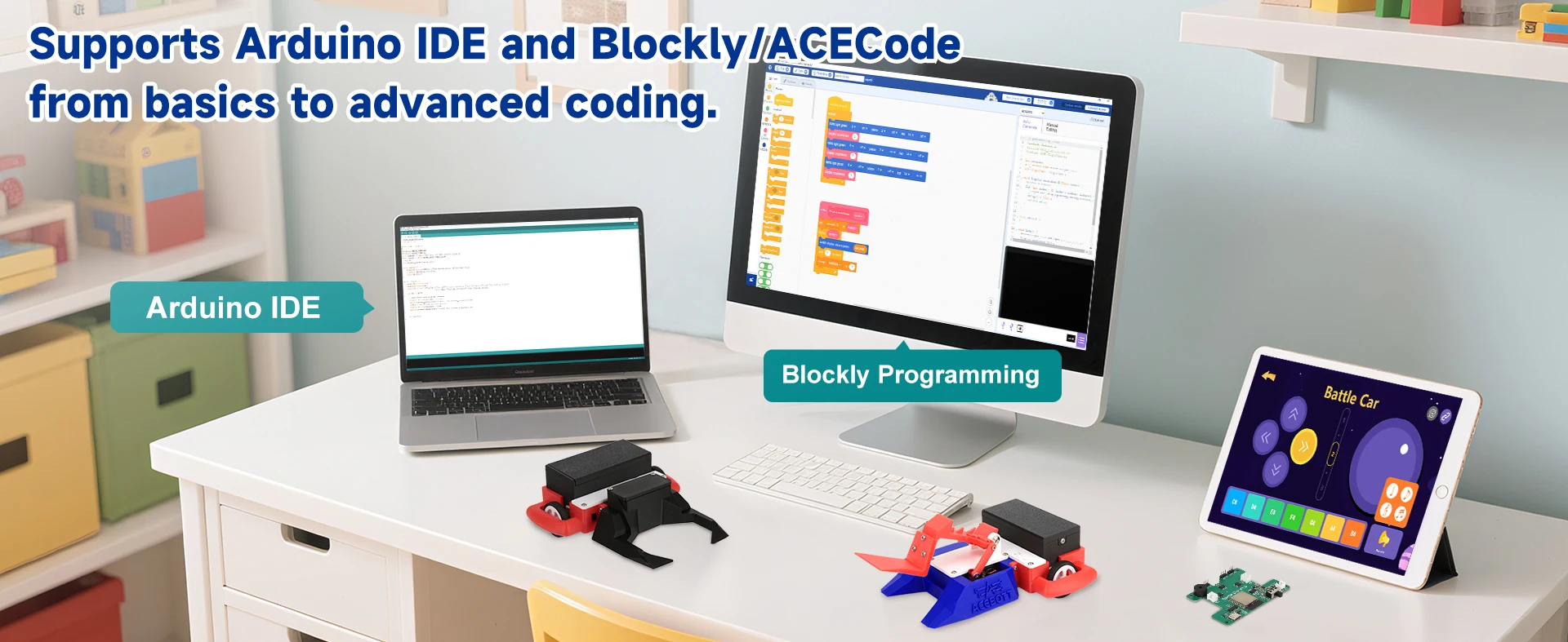 ACEBOTT 2-in-1 football Battle Car Kit ESP32 Controller Robot Car with for STEM Classrooms Learning Competitions