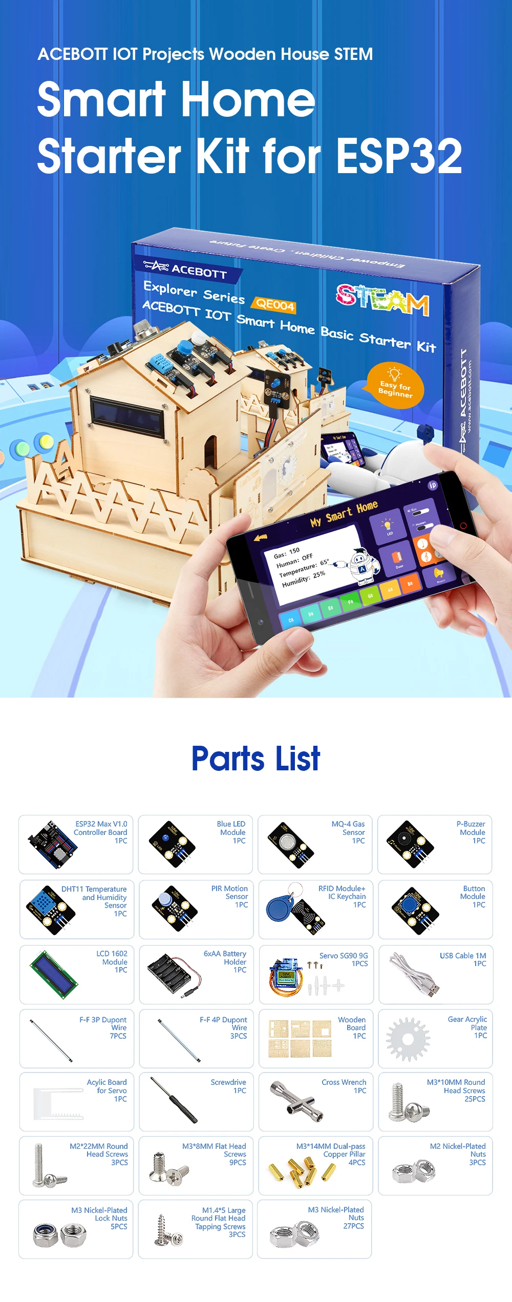 ACEBOTT ESP32 IOT Projects Wooden House STEM Smart Home Starter Kit For Arduino