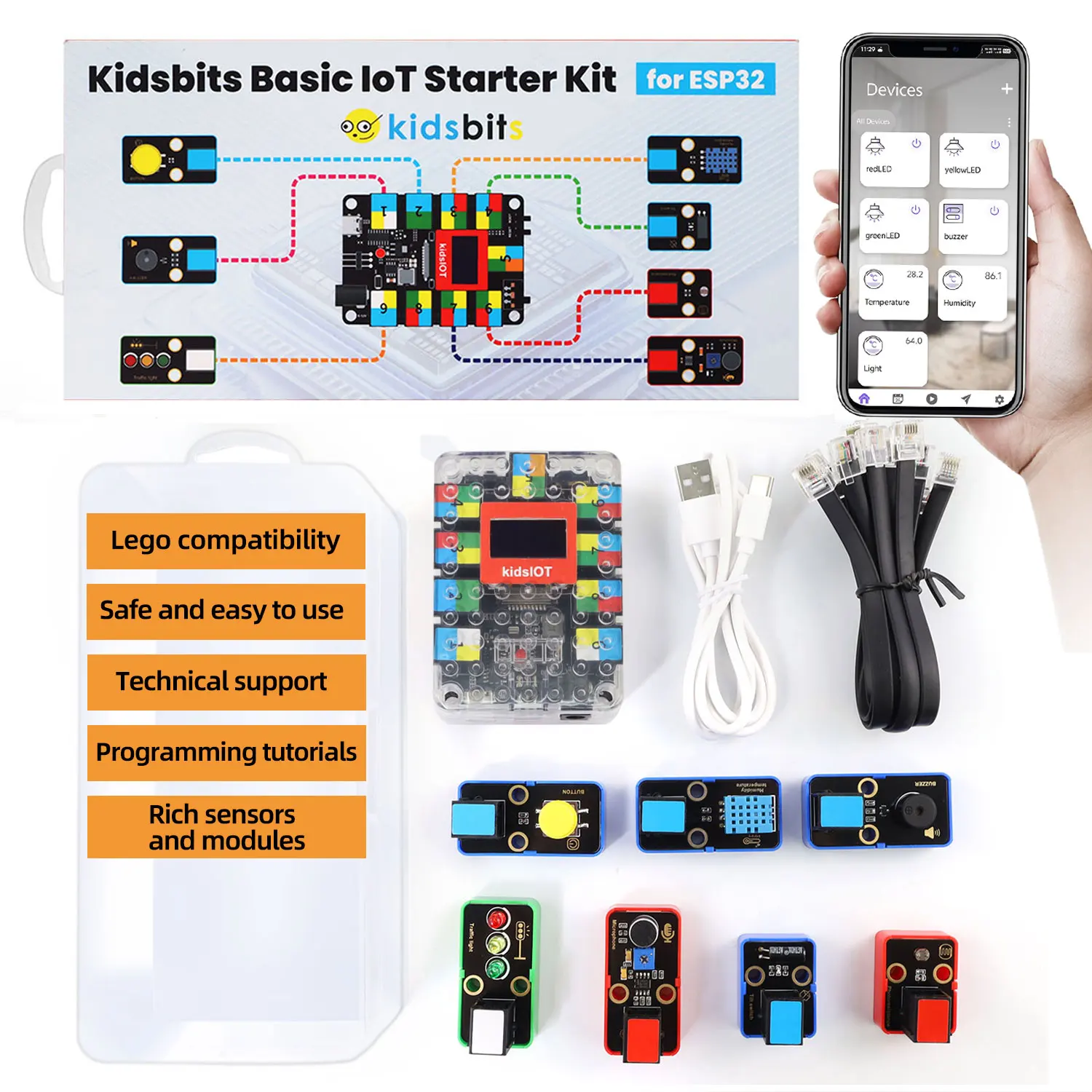Kidsbits ESP32 IoT Basic Starter Kit +19 Projects Tutorial For Arduino ESP32 Programming Compatible with Lego Blocks Kidsbits ESP32 IoT Basic Starter Kit +19 Projects Tutorial For Arduino ESP32 Programming Compatible with Lego Blocks