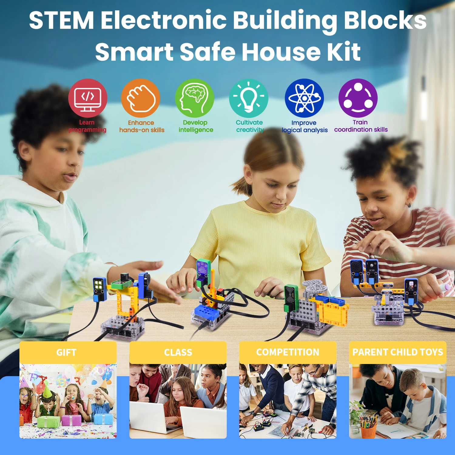 Kidsbits STEM Smart Safe House Starter Kit Base on Arduino UNO/ESP32/Pico Controller Compatible Lego Blocks Scratch Programming
