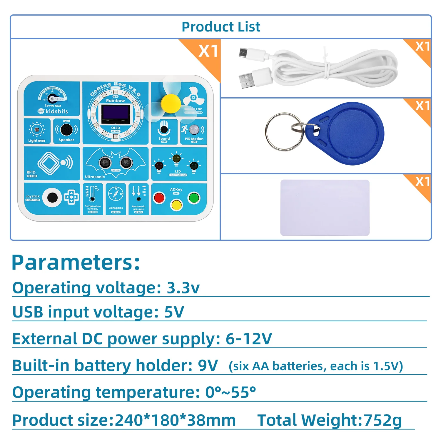 Kidsbits ESP32 Coding Box V2.0 Sensor Education Kit For Arduino ESP32 MicroBlocks&Micropython Programming Kids STEAM Programming