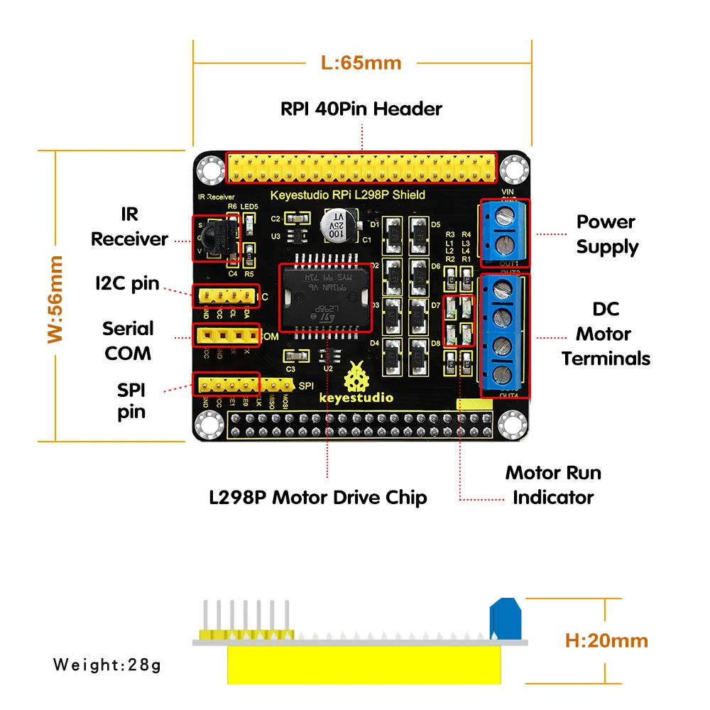 Keyestudio RPI L298P Motor Drive Shield L298P Chip Compatible with Raspberry Pi With IR Receiver Keyestudio RPI L298P Motor Drive Shield L298P Chip Compatible with Raspberry Pi With IR Receiver