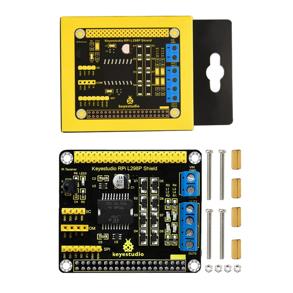 Keyestudio RPI L298P Motor Drive Shield L298P Chip Compatible with Raspberry Pi With IR Receiver Keyestudio RPI L298P Motor Drive Shield L298P Chip Compatible with Raspberry Pi With IR Receiver