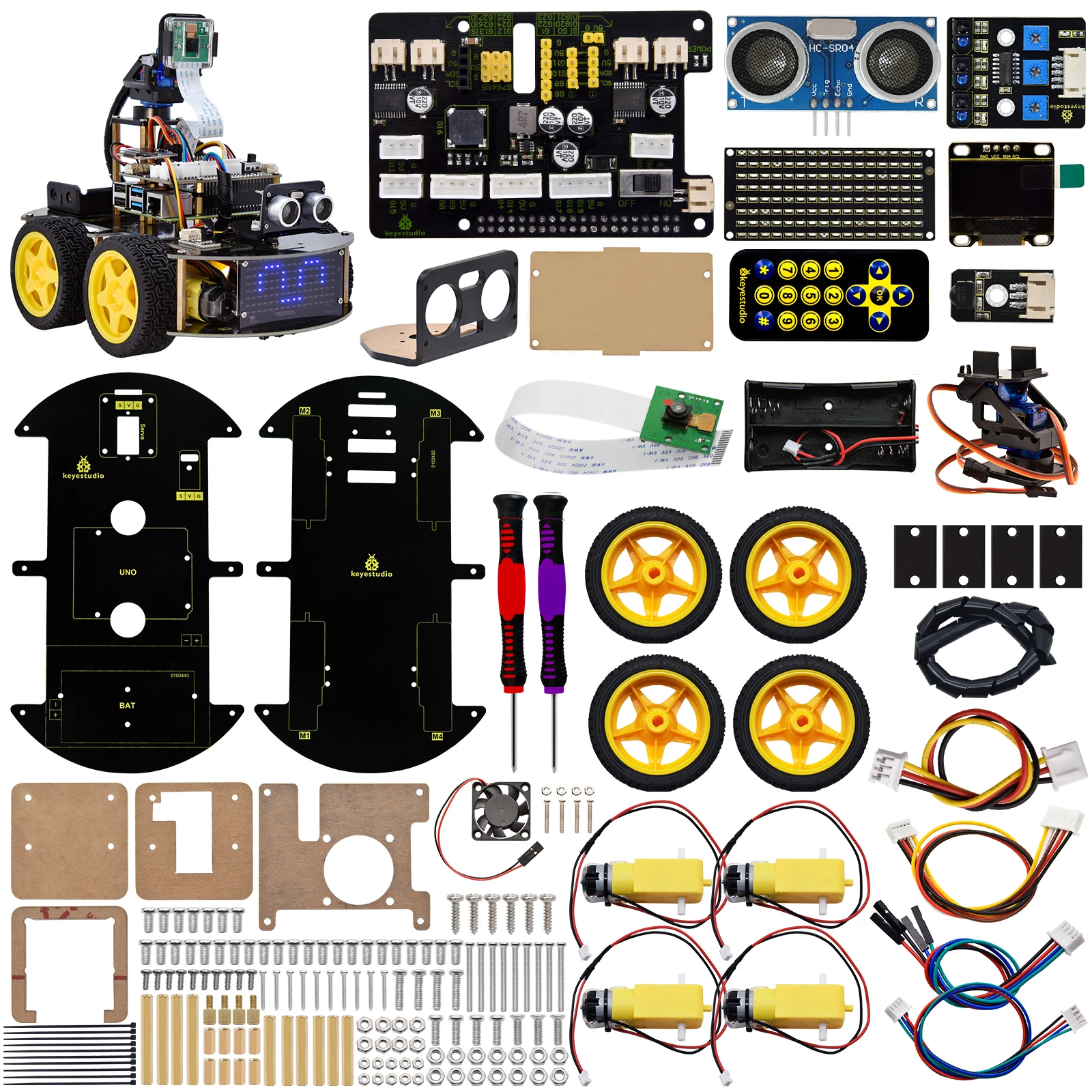 Keyestudio 4WD Smart Robot Car Kit For Raspberry Pi With Megapixels Camera Module and Programming Tutorials( No RPI 4B Board)