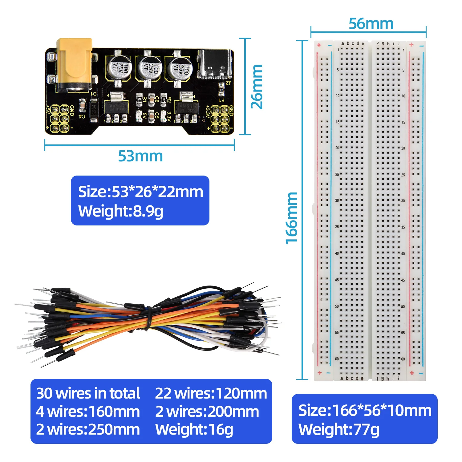 Keyestudio Type-C Power Supply Module+400/830 Holes Breadboard+Jumper Wires for Arduino Breadboard Projects DIY Electronic Kit
