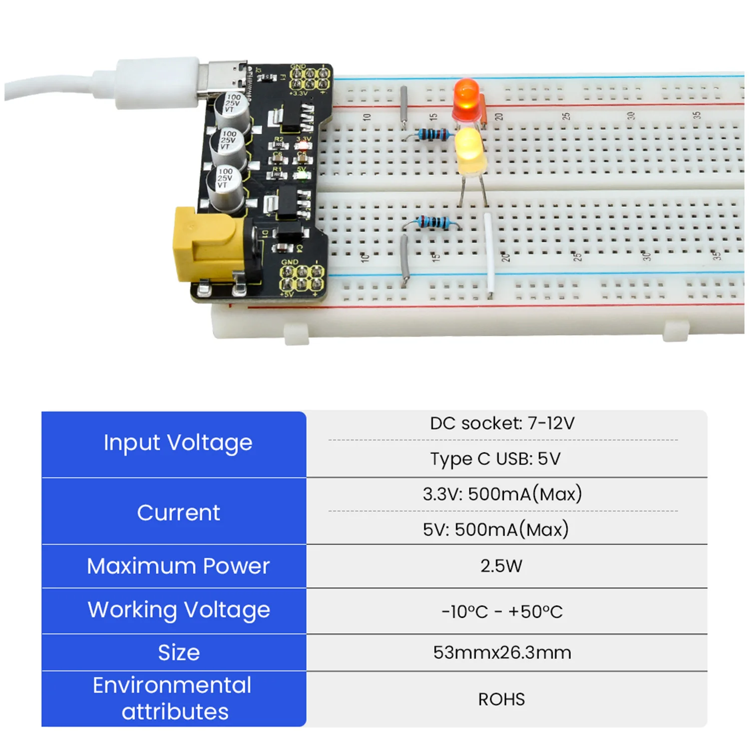 Keyestudio Type-C Power Supply Module+400/830 Holes Breadboard+Jumper Wires for Arduino Breadboard Projects DIY Electronic Kit