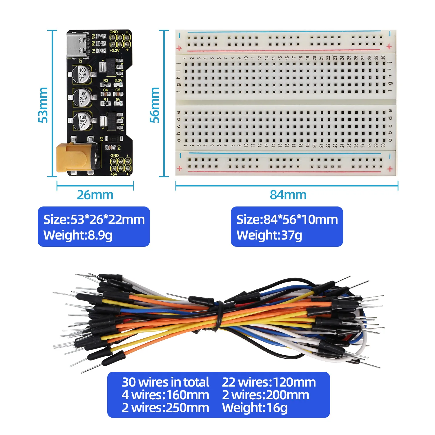 Keyestudio Type-C Power Supply Module+400/830 Holes Breadboard+Jumper Wires for Arduino Breadboard Projects DIY Electronic Kit