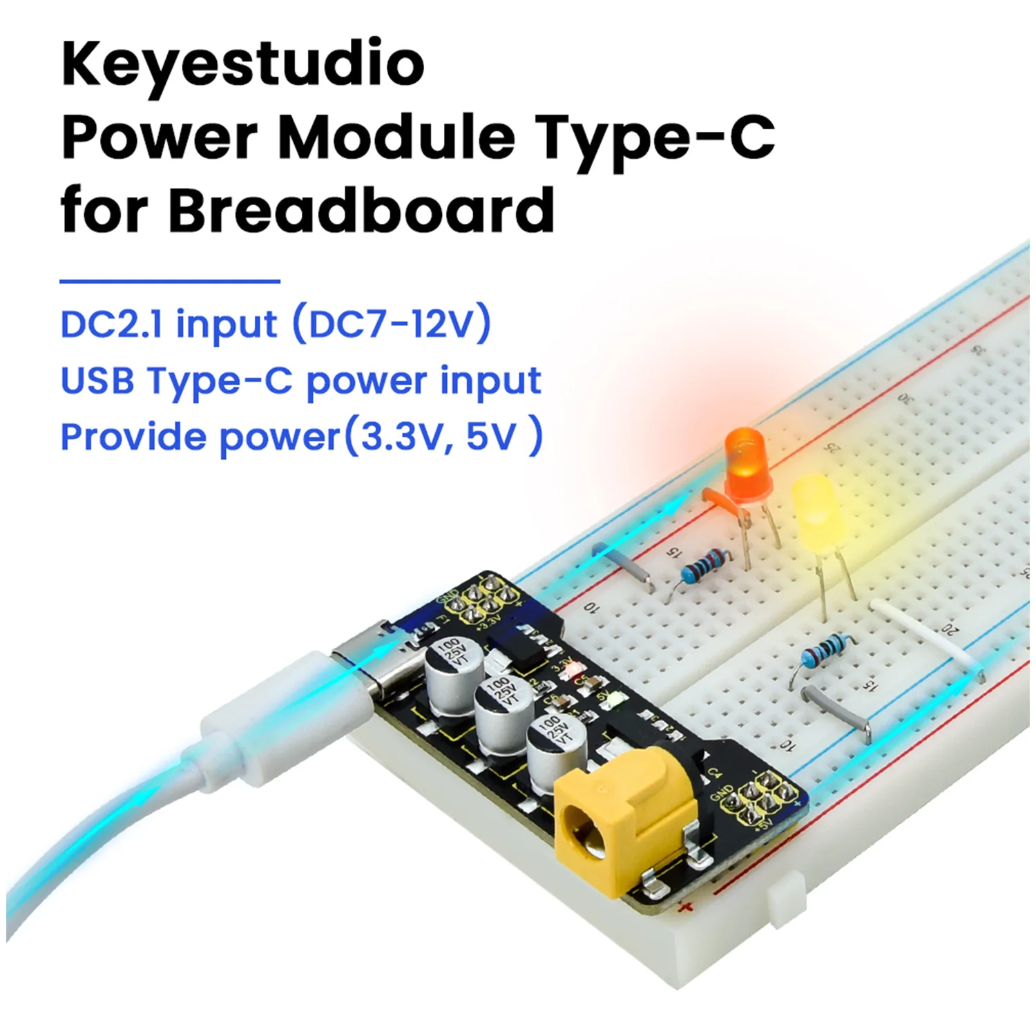 Keyestudio Type-C Power Supply Module+400/830 Holes Breadboard+Jumper Wires for Arduino Breadboard Projects DIY Electronic Kit