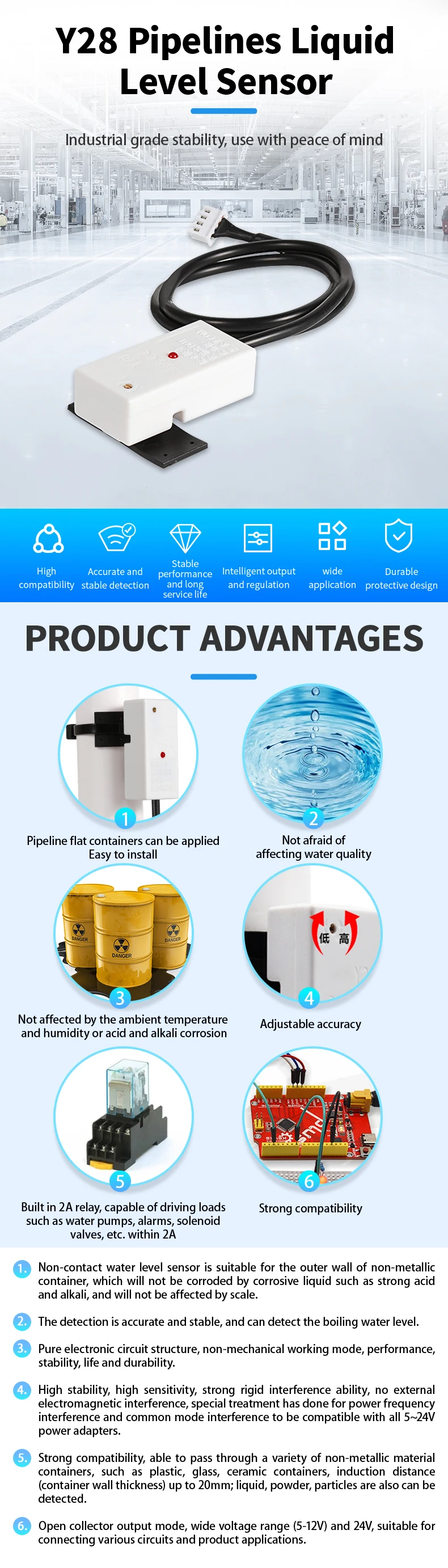 5/12/24V XKC-Y28 Capacitive Liquid&Water Level Sensor for 11mm+Diameter Tubes Pipelines & 0-20mm Thickness Flat Tanks Containers