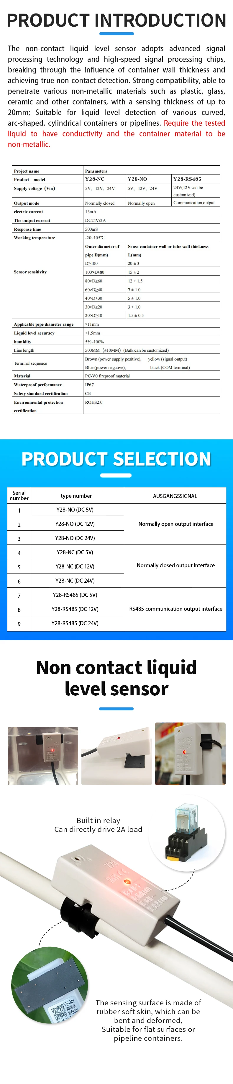 5/12/24V XKC-Y28 Capacitive Liquid&Water Level Sensor for 11mm+Diameter Tubes Pipelines & 0-20mm Thickness Flat Tanks Containers